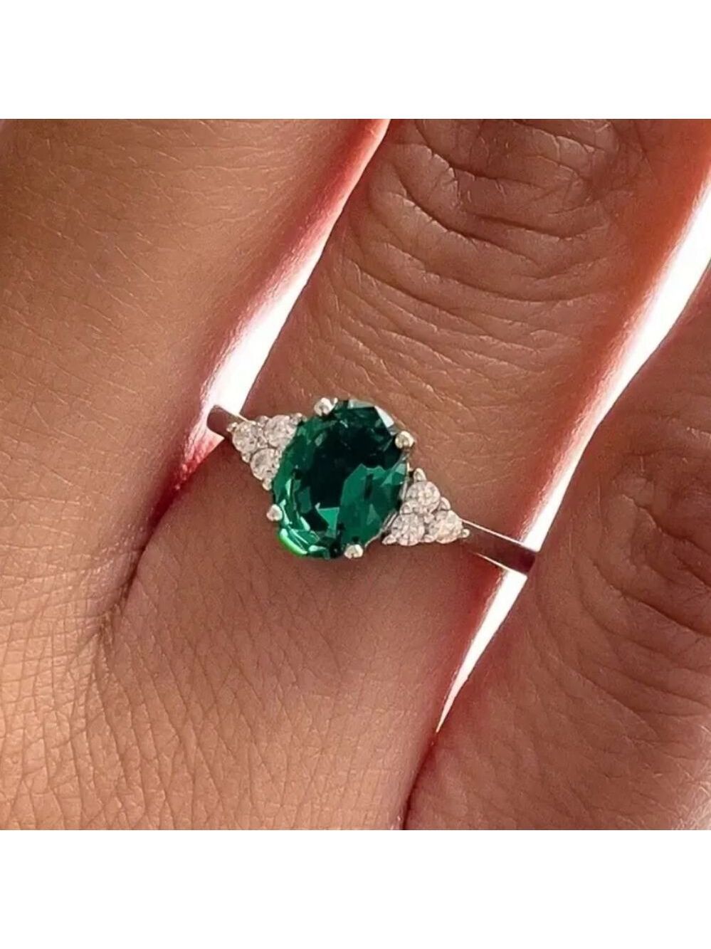 Oval Green Emerald and Zircon Gemstone Ring